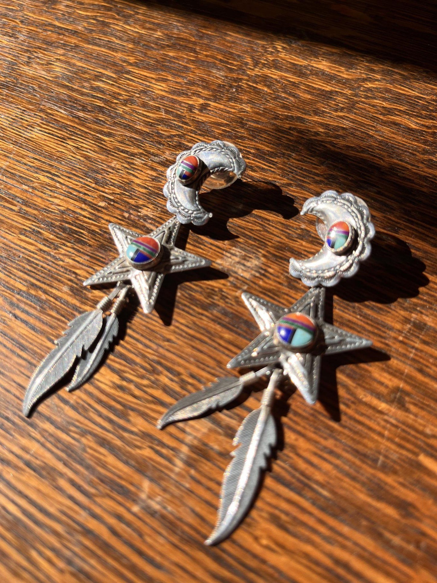 Multi Stone Inlay Earrings Moon, Star & Feather