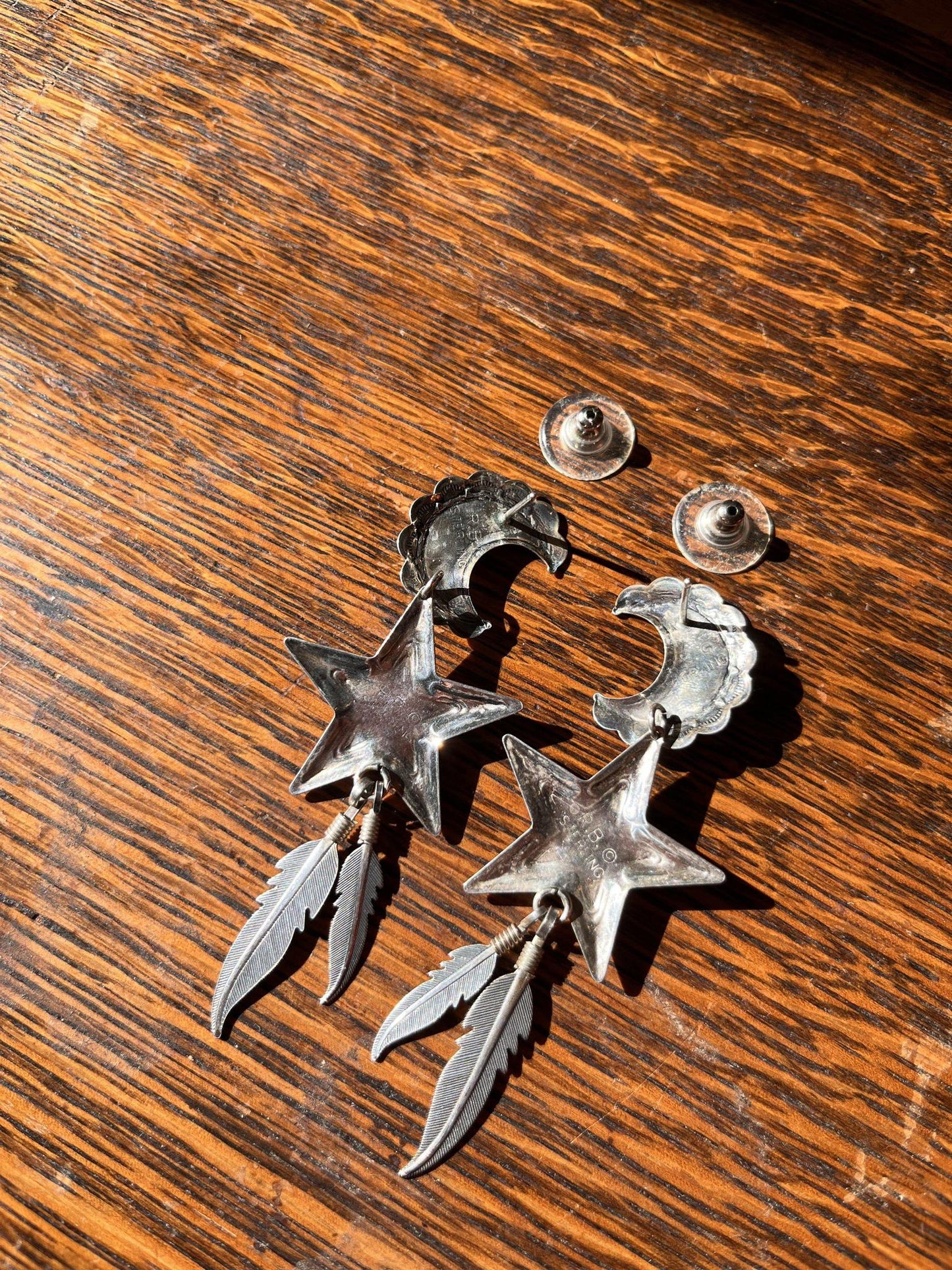 Multi Stone Inlay Earrings Moon, Star & Feather