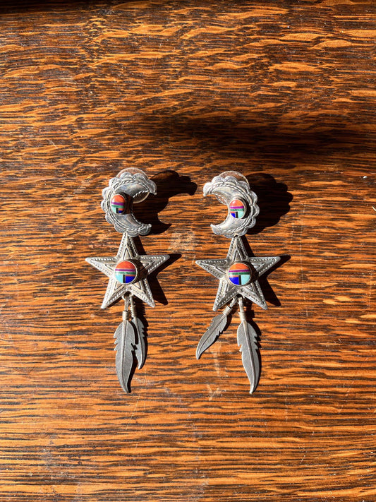 Multi Stone Inlay Earrings Moon, Star & Feather